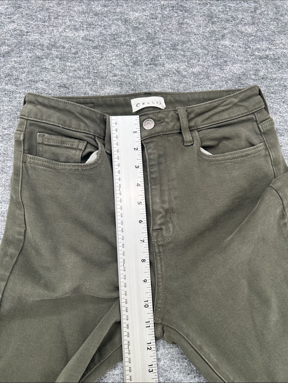 Cello Olive Green Denim Waistband Detail High Rise Flare Stretch Jean Size 7 - Picture 12 of 15